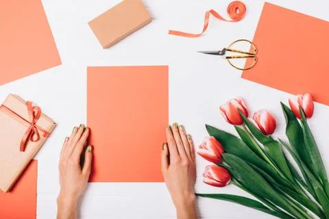 Woman's hands holding empty red paper card 库存照片
