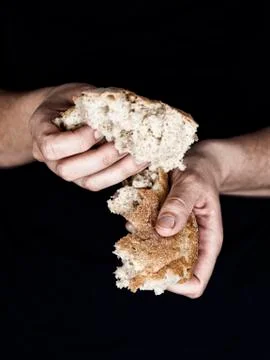 Woman's hands holding a pieces of bread Foto stock
