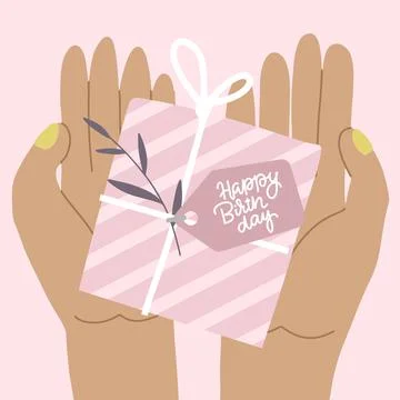 Woman's hands holding present box isolated on pink. Gift in paper with ribbon Stock Illustration