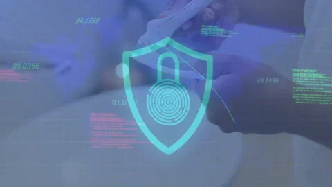 Woman's hands holding tablet tapping screen while shield icon and code snippets Stock Footage 312348036