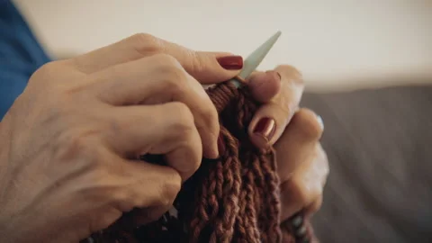 Woman’s Hands Knitting Red Scarf, Closeup - At Home Stock Footage 140626670