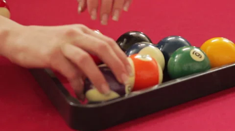 Woman's Hands Load Pool Balls in Rack Quarter Side View CU Vídeo Stock 41195482