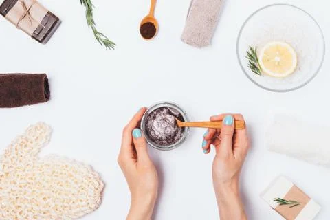 Woman's hands making coffee Stock Photos