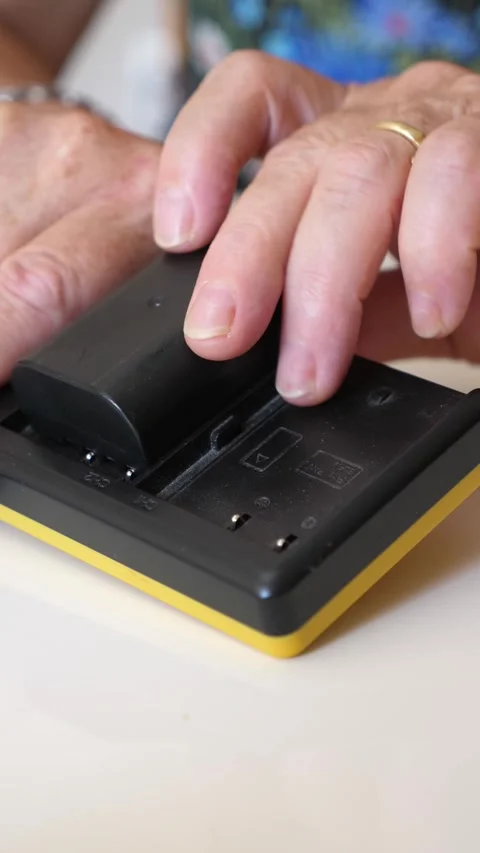 Woman's Hands Placing Camera Batteries into Charger on White Table Stock Footage 293344317