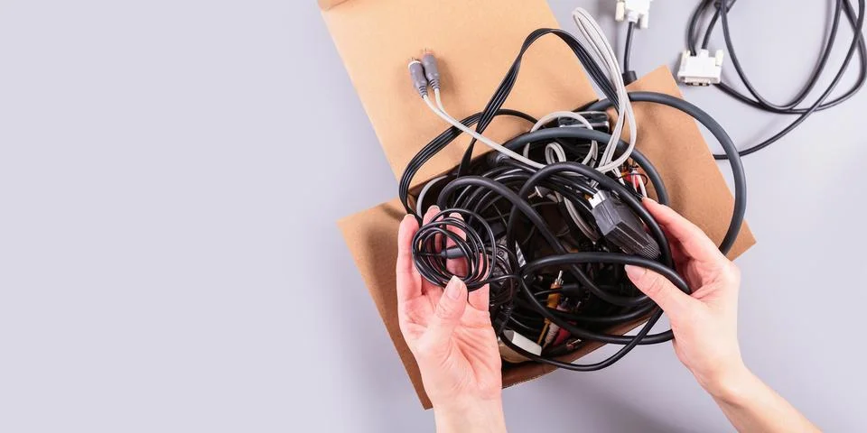 Woman's hands placing old digital devices into a recycling bin Foto stock