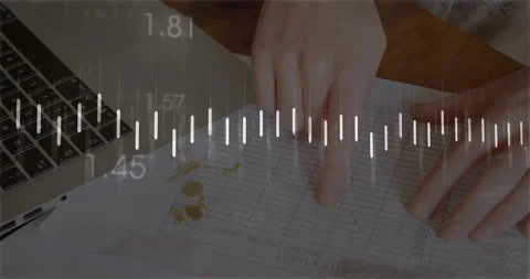 Woman's hands pointing spreadsheet in finance office, showing audio waveform Vídeo Stock 308677696