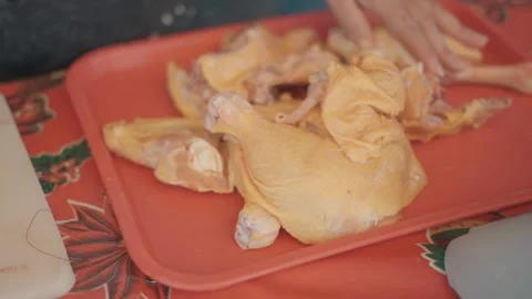 Woman's hands preparing raw yellow chicken pieces on a red tray 스톡 동영상 343555656