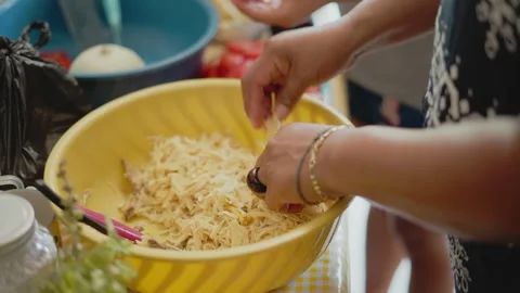 Woman's hands preparing shredded chicken meat for a traditional mexican recipe Stock Footage 343435859