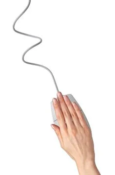 Woman's hands pushing keys of pc mouse, on white background close-up Foto stock