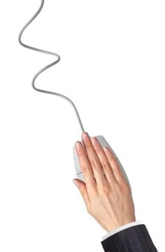 Woman's hands pushing keys of pc mouse, on white background close-up Fotos Stock