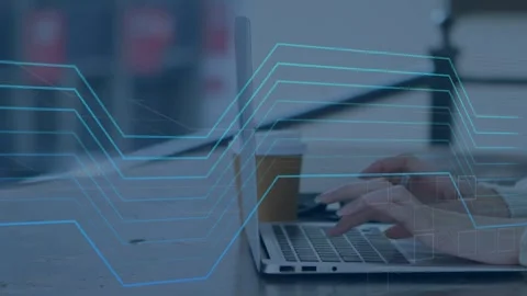 Woman's hands reaching keyboard and typing, starting HUD and firewall icon for Stock Footage 335762044