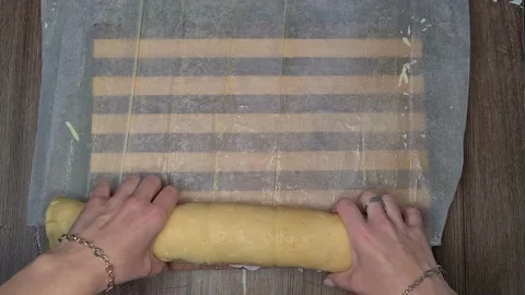 Woman's Hands Rolling Dough With Ham Slices. Ham Bread Roll Video stock 220727314