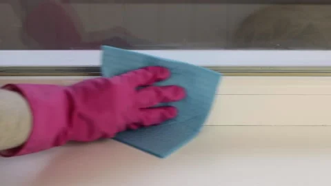 Womans hands with rubber gloves cleans the window frame close up. Vidéo 153140019