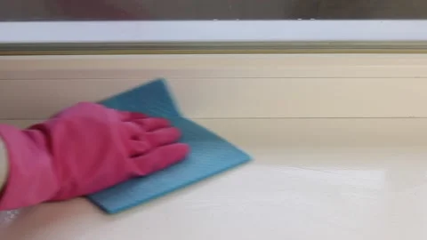 Womans hands with rubber gloves cleans the windowsill close up. Stockbeeldmateriaal 153140823