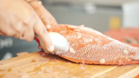 Woman's hands scaling a raw red snapper with a spoon on a wooden cutting board 스톡 동영상 343435587