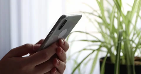 Woman's hands scroll mobile phone keypad to check messages at home in evening Stock-Footage 300364116
