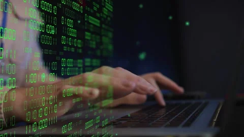 Woman's hands starting typing after resting on keyboard, binary column animating Stock Footage 334768408
