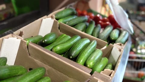 A woman's hands take a cucumber from the shelf at the store Stock Footage 181973129
