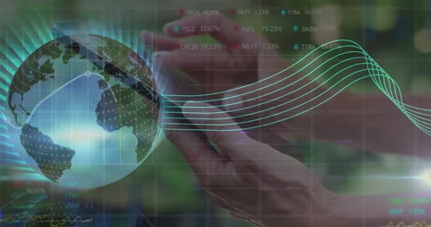 Woman's hands tapping smartphone on patio overlaying digital globe with code and Video stock 307436596