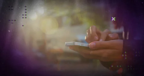 Woman's hands tapping smartphone screen activating technology with loading ring Stock Footage 312099609
