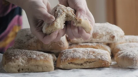 Woman’s Hands Tearing Bread Roll - Slow Motion - Breakfast Nutrition Concept Stock Footage 129442789