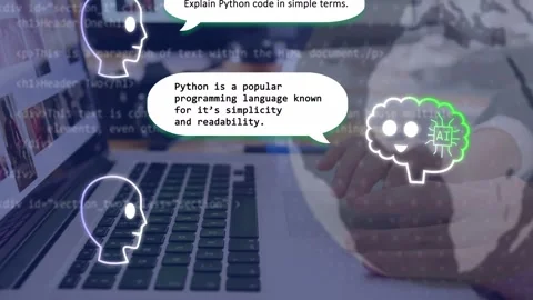 Woman's hands typing keys asking chat to explain Python, overlay AI brain Stock Footage 335235093