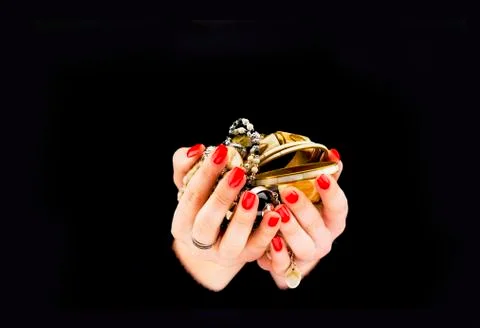 Woman's hands with various bracelets Foto stock