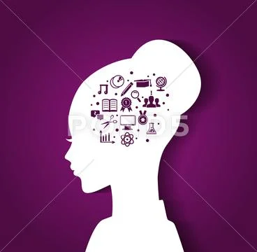Woman's head with education icons Stock Illustration