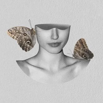 Woman's head with empty mind and floating butterflies Illustrazione stock