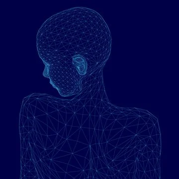 Woman's head is shown in a blue background. The head is made up of many lines Ilustração Stock