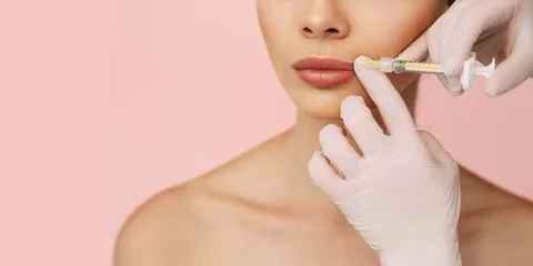 Woman's plumper lips, getting bigger lips. prick of a syringe for the lips... Stock Photos