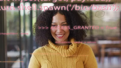 Woman's reacting in tech cafe as pink code overlay granting ACCESS_GRANTED, Stock Footage 333689817