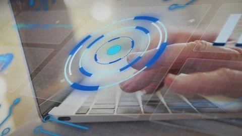 Woman's right hand pressing keys on laptop, animating blue HUD rings scaling Stock Footage 334744457