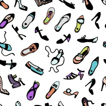 Woman's shoes seamless pattern. Vector illustration. flats, pumps, heels, wedges Stock Illustration