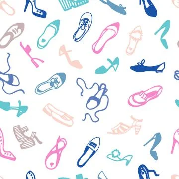 Woman's shoes vector seamless surface pattern: flats, pumps, heels, wedges Stock Illustration