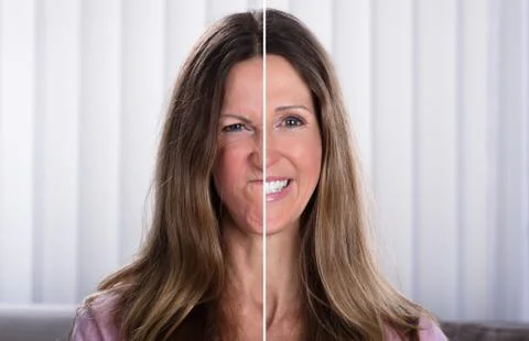 Woman's Split Face With Happy And Sad Emotion Stock Photos