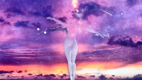 Womans statue made of white stone in the purple sky Video stock 143424834
