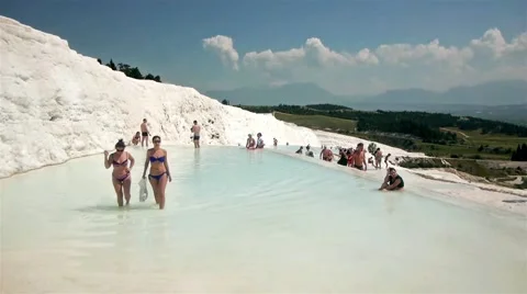 Womans In Travertine Pools With Water Stock Footage 44669721