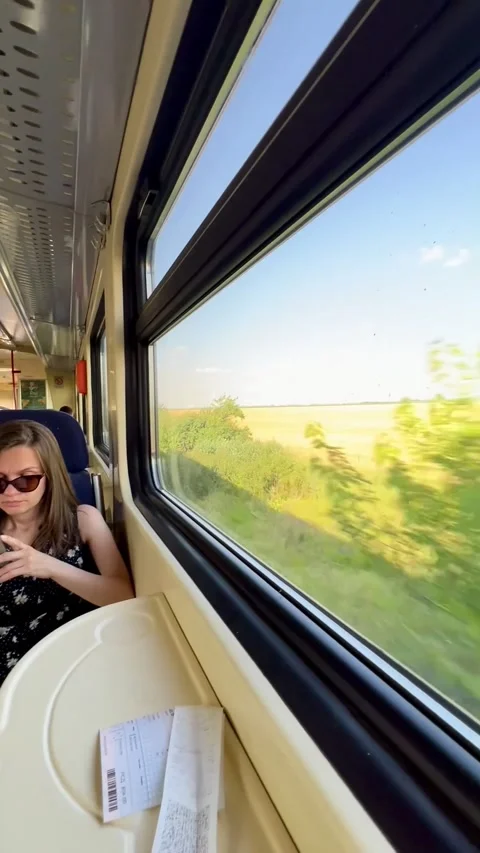Woman's View from Train Window Passing By Countryside Stock Footage 313477016
