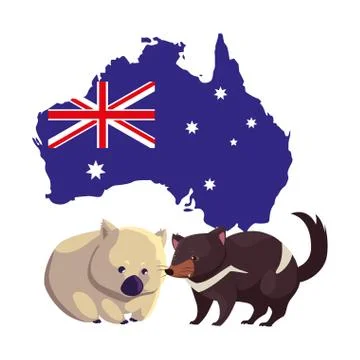 Wombat and tasmanian devil with map of australia in the background Stock Illustration