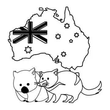 Wombat and tasmanian devil with map of australia in the background Illustrazione stock