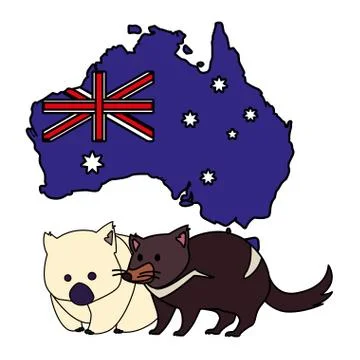 Wombat and tasmanian devil with map of australia in the background Stock Illustration