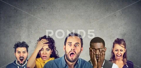Women and men expressing anger, desperation, shock Stock Photos