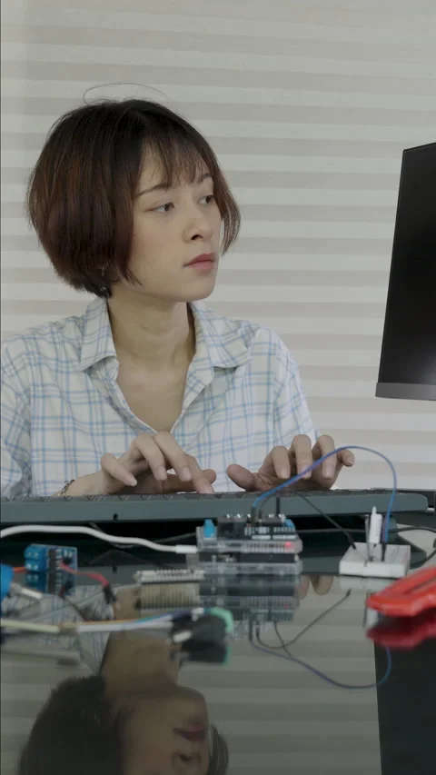 Women are uploading programs into the microcontrollers to learn about and experi Stock Footage 334046339
