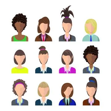 Women avatar set flat vector illustration. Woman profiles silhouettes. Stock Illustration