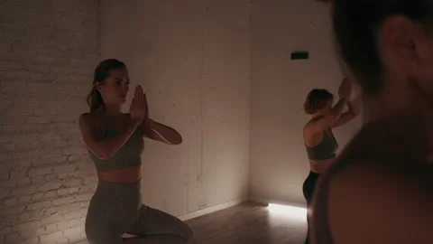 Women Balancing in Tree Pose During Yoga Class Stock Footage 282603218