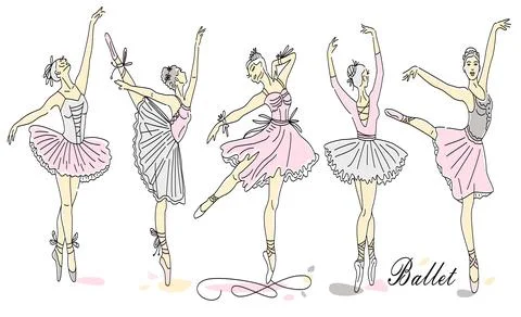 Women ballet dancer set of continuous line drawing in pink color. Dance trend Stock Illustration