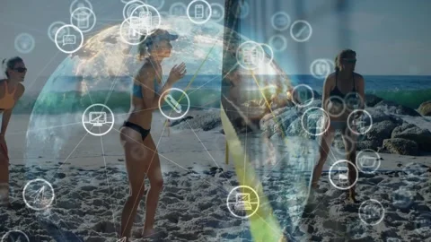 Women clapping on beach by net post causing digital globe forming with orbiting Stock Footage 325771653