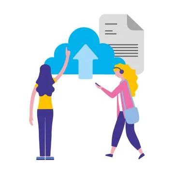 Women cloud computing data upload document 스톡 일러스트