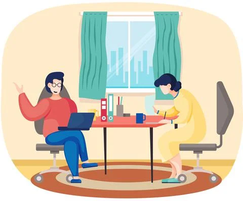 Women communicate at work. Workflow discussion of issues. Female character Stock Illustration